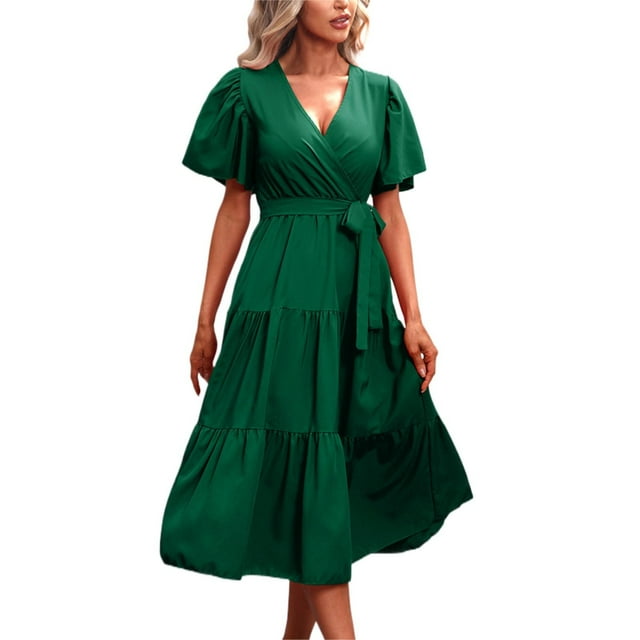 B91xZ Robe Midi Femme 2024 Col en V Manches Courtes à Volants Couleur Unie Décontractée Été Hiver,GN3 S