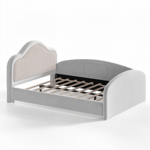 Full Size Upholstered Kids Floor Bed with Curved Headboard, Safety Side Rails & Storage Pocket, Low Profile Playhouse Bed, Light Gray
