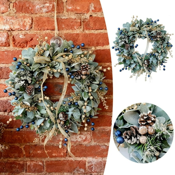 15.75"Christmas Wreath Blue Gum Wreath With Berries And For Festive Holiday Front Door And Seasonal Wall Hanging
