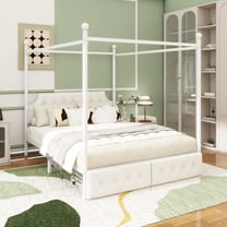 Queen Size Metal Canopy Platform Bed with Upholstered Headboard and Two Storage Drawers, White
