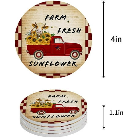 

KXMDXA Farm Fresh Sunflower Cattle Sunflower on Old Car Set of 4 Round Coaster for Drinks Absorbent Ceramic Stone Coasters Cup Mat with Cork Base for Home Kitchen Room Coffee Table Bar Decor