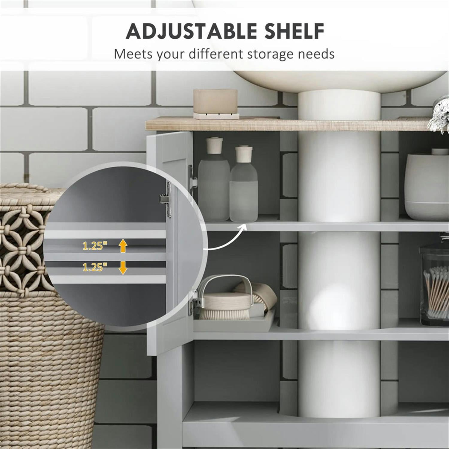 Demi Bonn 23" Bathroom Vanity with Open Bottom Shelf, U-Shape Cut-Out and Adjustable Shelf, Pedestal Sink 2-Door Cabinet, Under Sink Cabinet, Gray