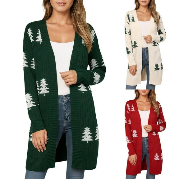 Womens Christmas Cardigan Sweater Long Sleeve Loose Fit Casual Knit Christmas Tree Embroidered Sweater Jacket Winter Xmas Open Front Cozy Holiday Soft Christmas Sweaters for Women Green L