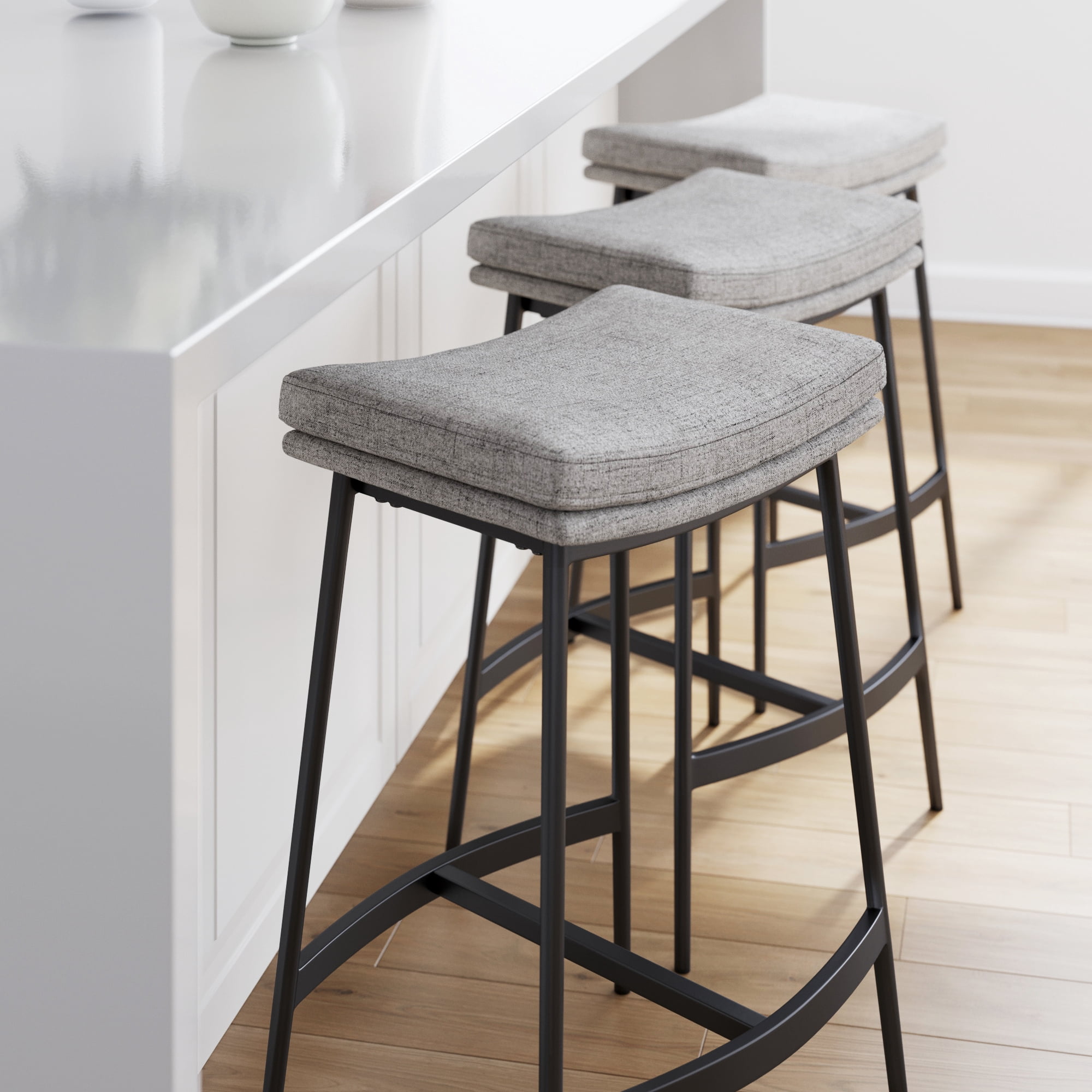 Nathan James Arlo Modern Backless Upholstered Kitchen Counter Bar Stool with Saddle Seat and Metal Base, Grey/ Matte Black