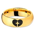 thumbnail image 2 of Tungsten Religious Cross Heart Love Band Ring 7mm Men Women Comfort Fit 18k Yellow Gold Dome Polished, 2 of 4