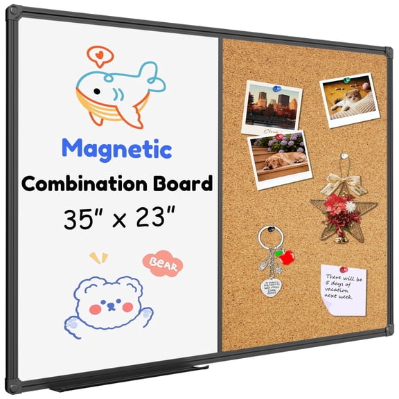 JILhome Magnetic White Board and Cork Board Combo,35" x 23" Dry Erase Board Bulletin Combination Board, Whiteboard & Felt Board for Wall, Home, Office, Black Aluminum Frame