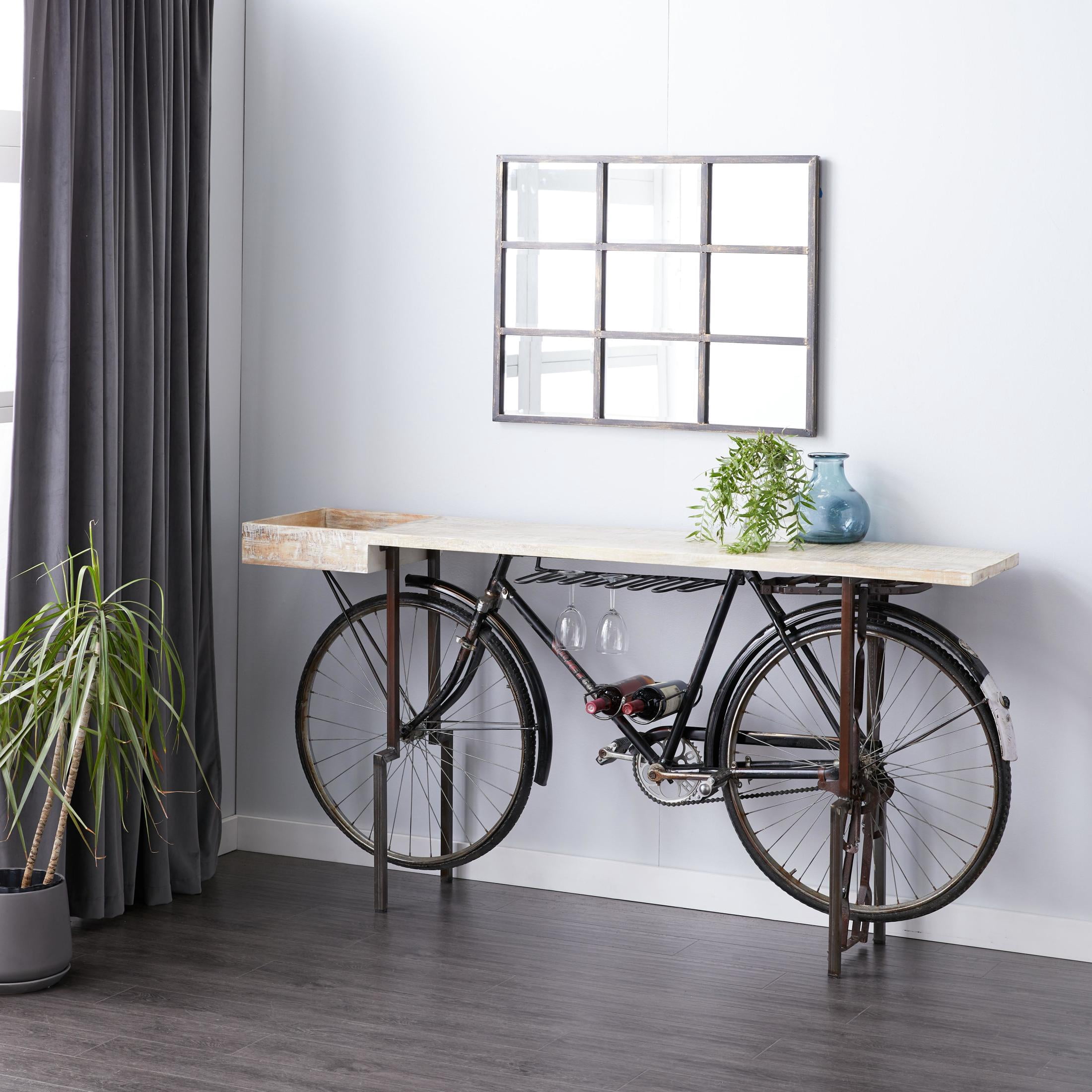 DecMode Rustic Metal Black Bicycle Console Table with Brown Wood Tabletop, 76"W x 37"H
