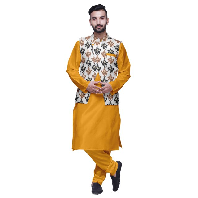 Atasi Men Mandarin Collar Solid Kurta Churidar Pajama & Printed Nehru Jacket Set