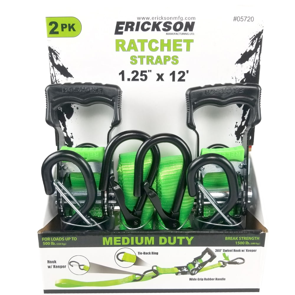 Erickson 1.5' X 15' Ratchet Straps 15ft Length Oversized Swivel Hook with Tie Off Ring 2PK