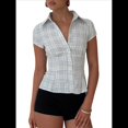 thumbnail image 3 of Camisa Informal de Corta con Botones y Cuello en V para Mujer, Estilo Y2K, con Cuadros y Abertura Frontal. Azul M, 3 of 9