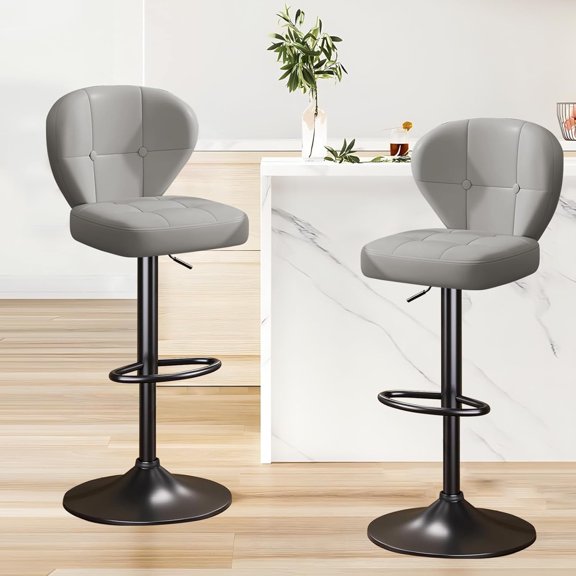 YIJ2 Modern Bar Stools Set of 2, Adjustable Height,360° Swivel PU Upholstered Counter Height Chairs with Footrest (Dark Gray)