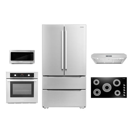 Cosmo 5 Piece Kitchen Appliance Package With 30  Electric Cooktop 24  Single Electric Wall Oven 30  Over-the-range Microwave & French Door Refrigerator