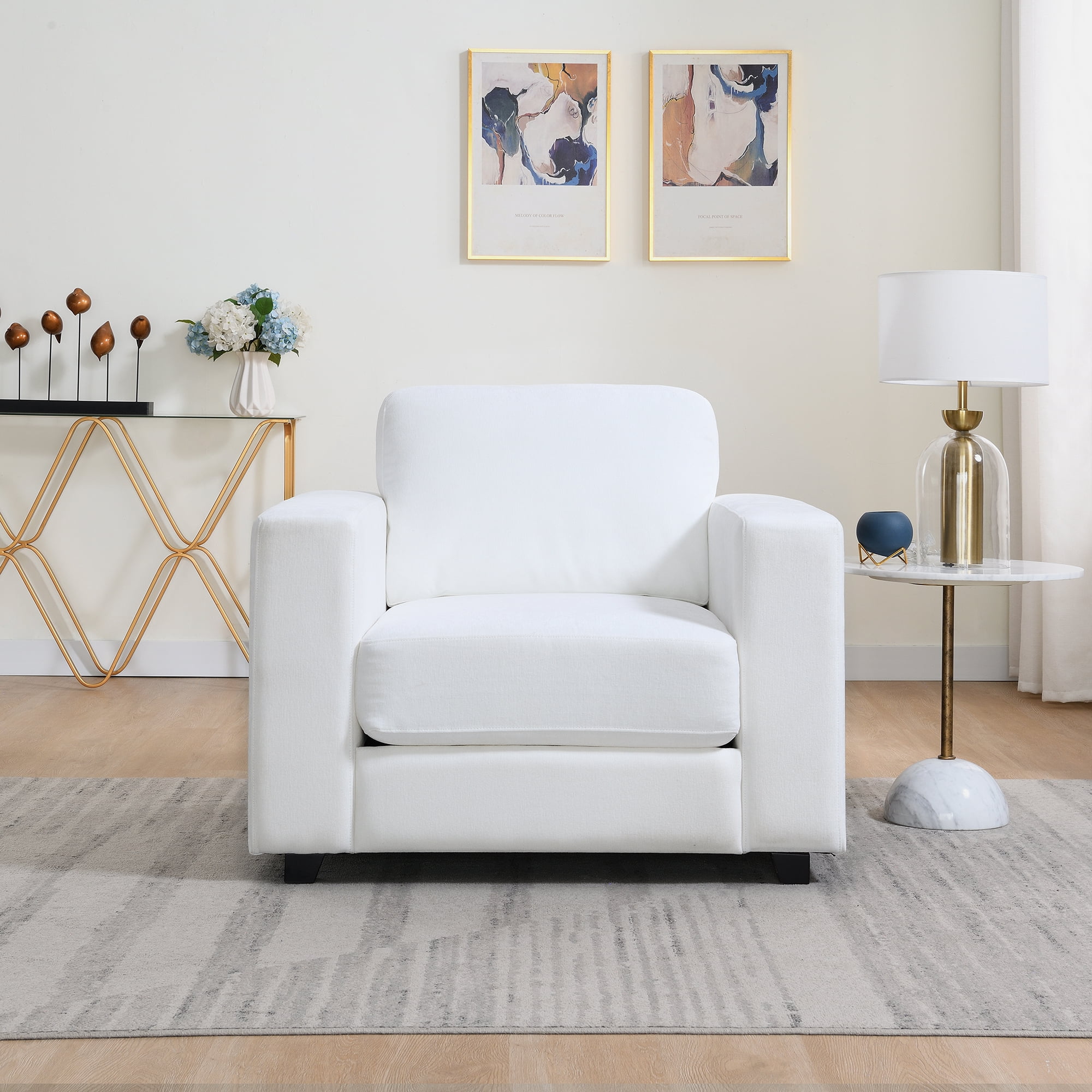 Oversized Accent Chair, Modern Chenille Fabric Upholstered Sofa Chair with Widen Arms, Comfy Armchair Reading Chair for Living Room Bedroom Office, Ivory