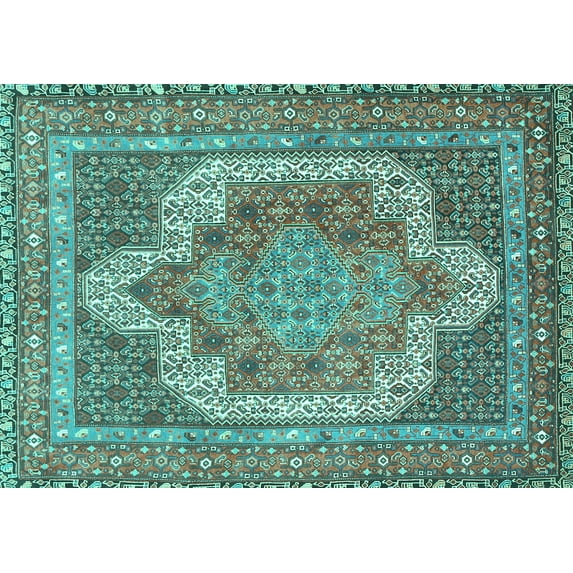 Ahgly Company Indoor Rectangle Medallion Turquoise Blue Traditional Area Rugs, 5' x 8'