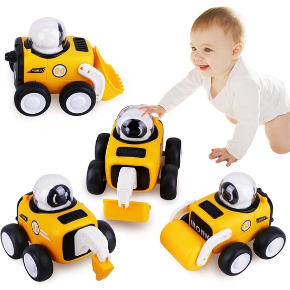 Rirool Press N Go Construction Vehicles 4 Pack, Push and Go Truck Toys with Excavator, Bulldozer, Road Roller, Drill Truck, No Battery Toys for Kids Ages 3