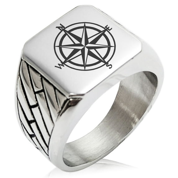 Stainless Steel Nautical Star Compass Geometric Pattern Biker Style Polished Ring