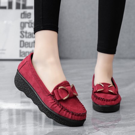 

Women‘s Metal Bowknot Wedge Loafers Solid Color Round Toe Soft Sole Slip On Shoes Casual Walking Shoes
