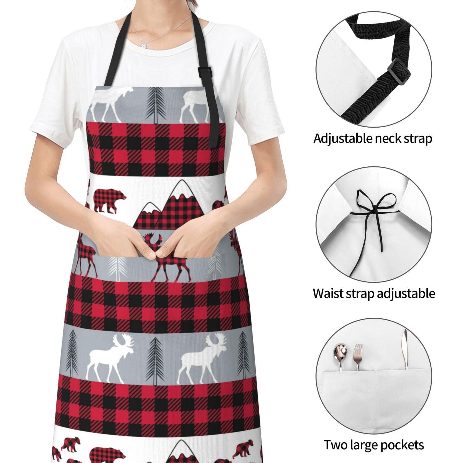 Kdxio Buffalo Plaid Forest Apron with Pockets Adjustable Kitchen Aprons for Men Women Waterproof Aprons for Cooking,Drawing,Crafting, Baking Household Cleaning
