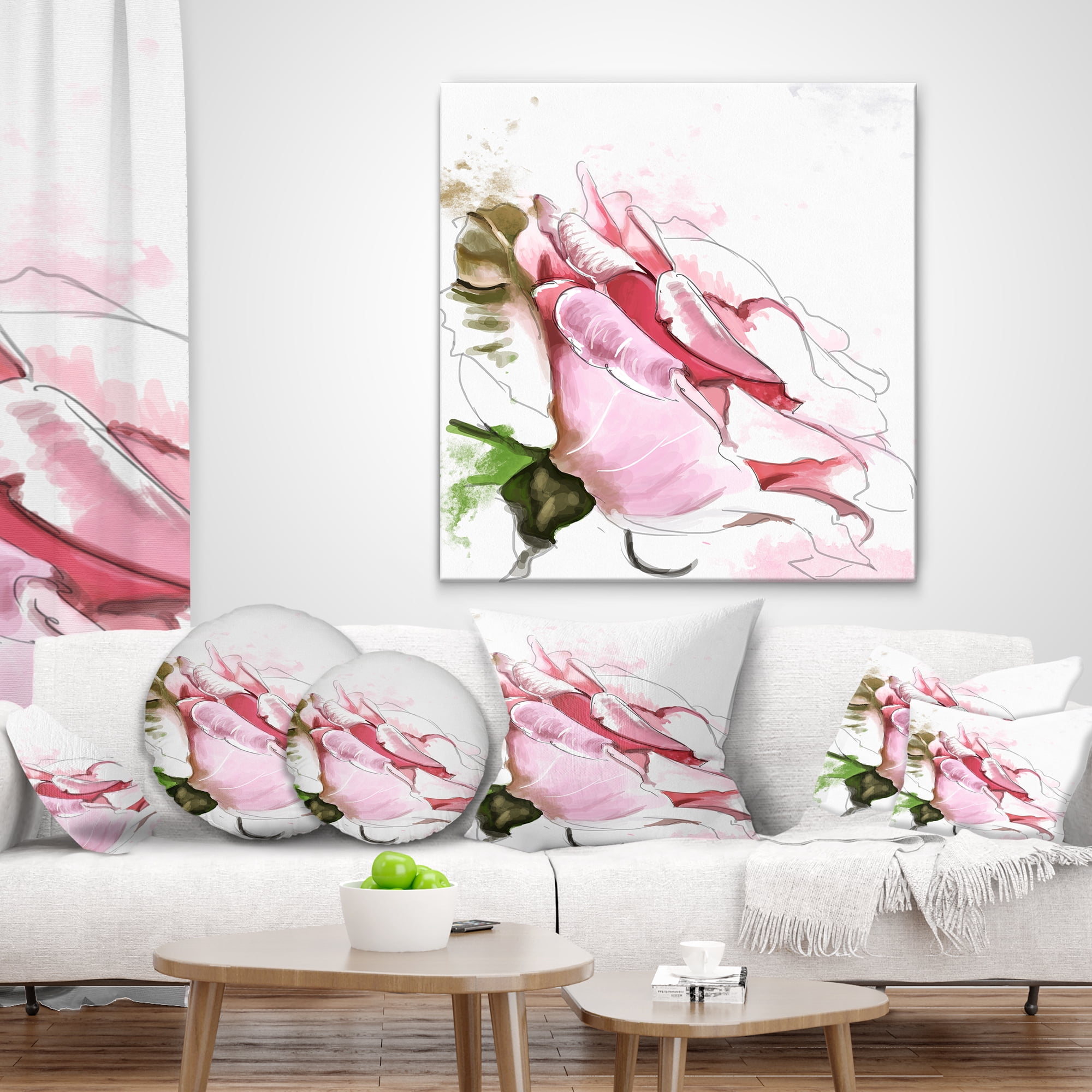Designart Pink Rose Illustration on White - Floral Throw Pillow - 18x18