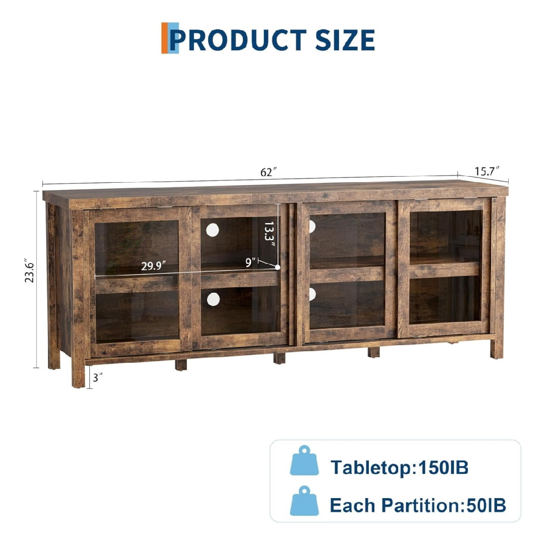 TV Stand for 65 Inch, Entertainment Center with Storage Cabinet and 4 Sliding Glass Doors, Mid Century Modern Media TV Console Table for Living Room Bedroom