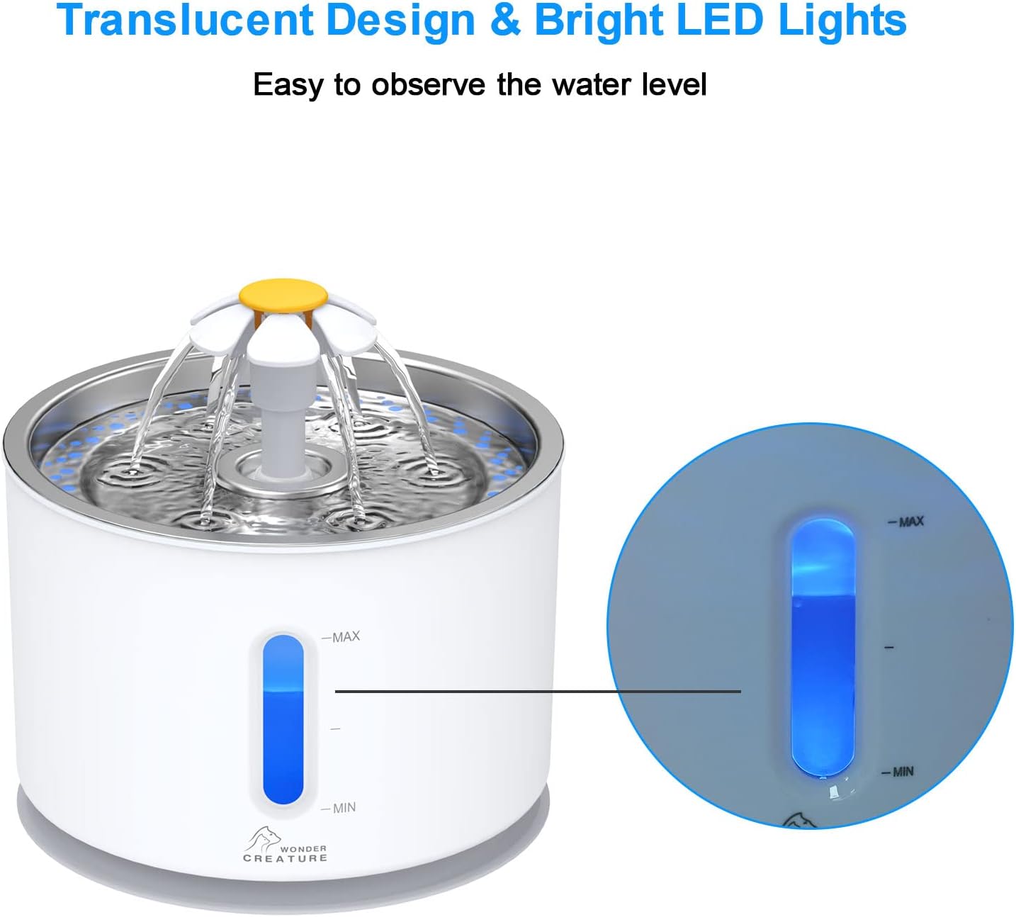 Cat Water Fountain with Stainless Steel Lid, 2.4L/81oz Automatic Cat Fountain with LED Light and Water Level Window for Cats and Dogs