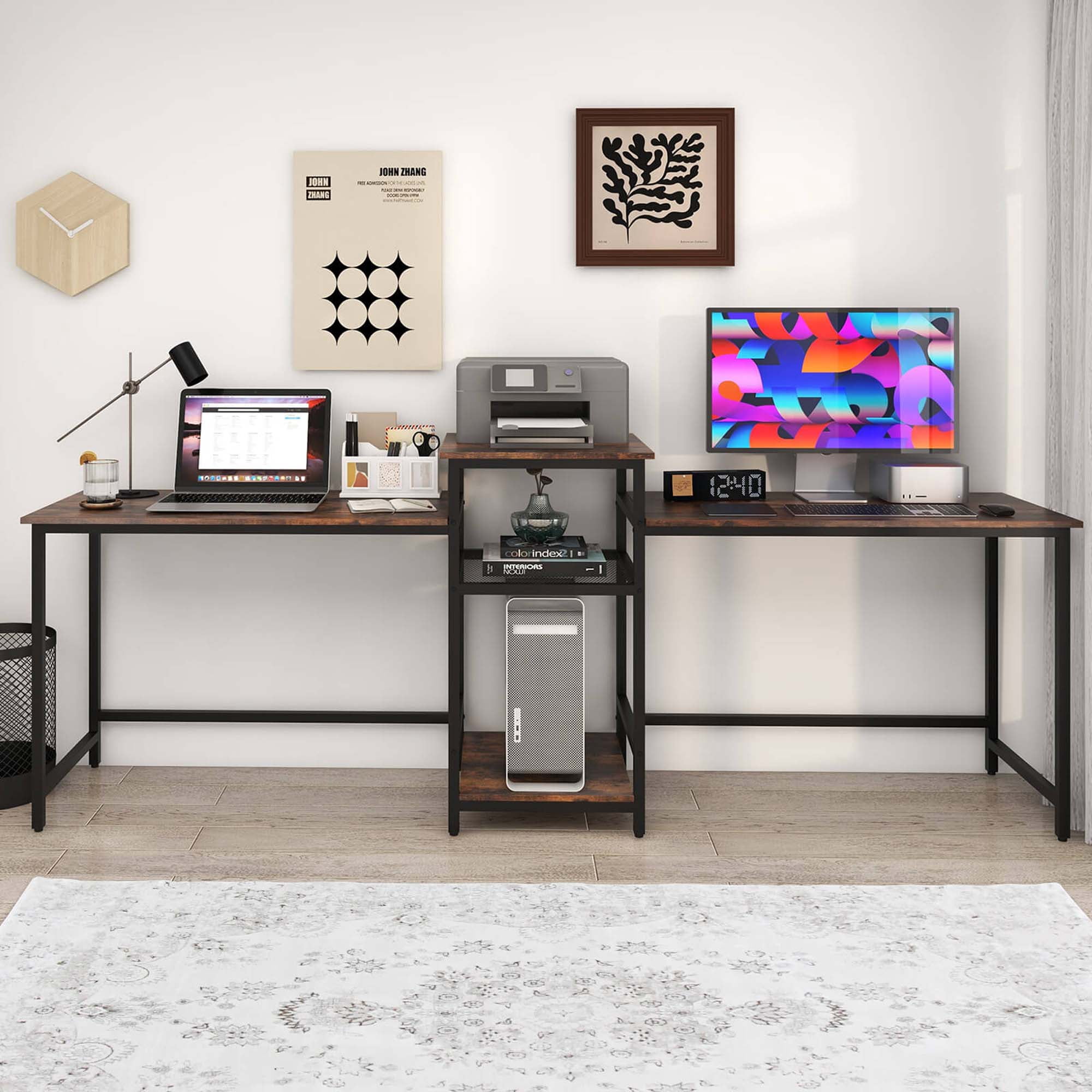 Costway 97 Inch Two Person Desk Double Computer Desk with Power Outlets Printer Stand