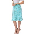 thumbnail image 4 of Faldas midi florales para mujer Inspire Chic, con volantes, cintura alta, fluida, en línea A, con abertura, longitud a la rodilla, color azul lago, 4 of 6