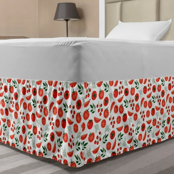 Food Bed Skirt, Healthy Lifestyle Vegetarian Diet Theme with Organic Fresh Tomatoes, Elastic Bedskirt Dust Ruffle Wrap Around for Bedding Decor, 4 Sizes, Vermilion White, by Ambesonne
