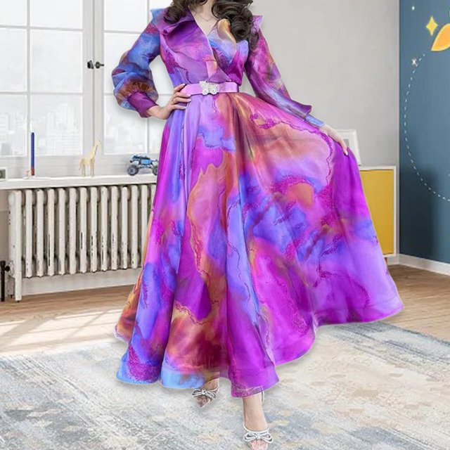 Vestido largo de manga larga para mujer con cintura anudada para fiestas y días festivos , SG