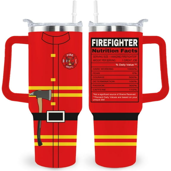 Firefighter Tumbler 40 oz with Lid, Straw and Handle - Insulated Cup Gift for Fireman, Firewoman, Men and Women