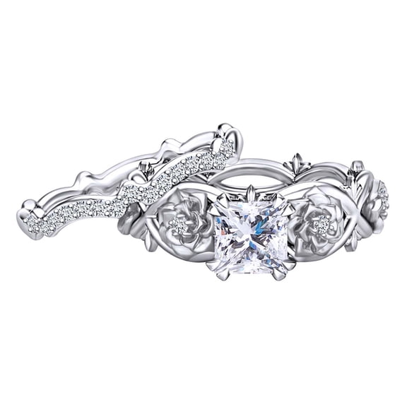 AFFY 1.36 Carat Princess Shape Moissanite & Natural Diamond Flower Engagement Ring 14K Solid White Gold Ring Size-5