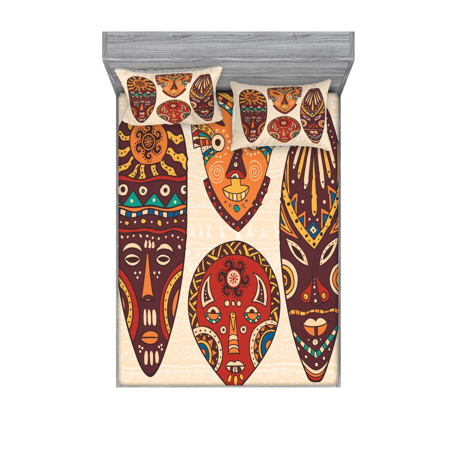Tribal Bedding Set with Sheet & Covers, Folkloric Art Pattern on Masks