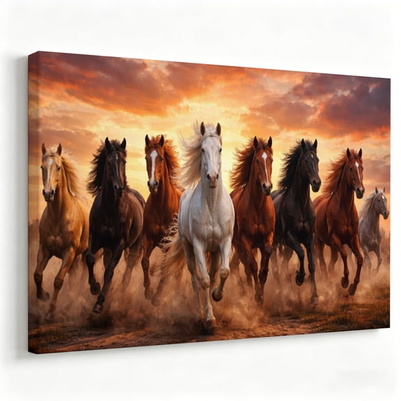 "Sunset Stampede" Majestic Wild Horses Canvas Art, Running Herd Portrait Painting Print, Matte Finish Gallery Wrapped Dynamic Wildlife Wall Decor 8*12