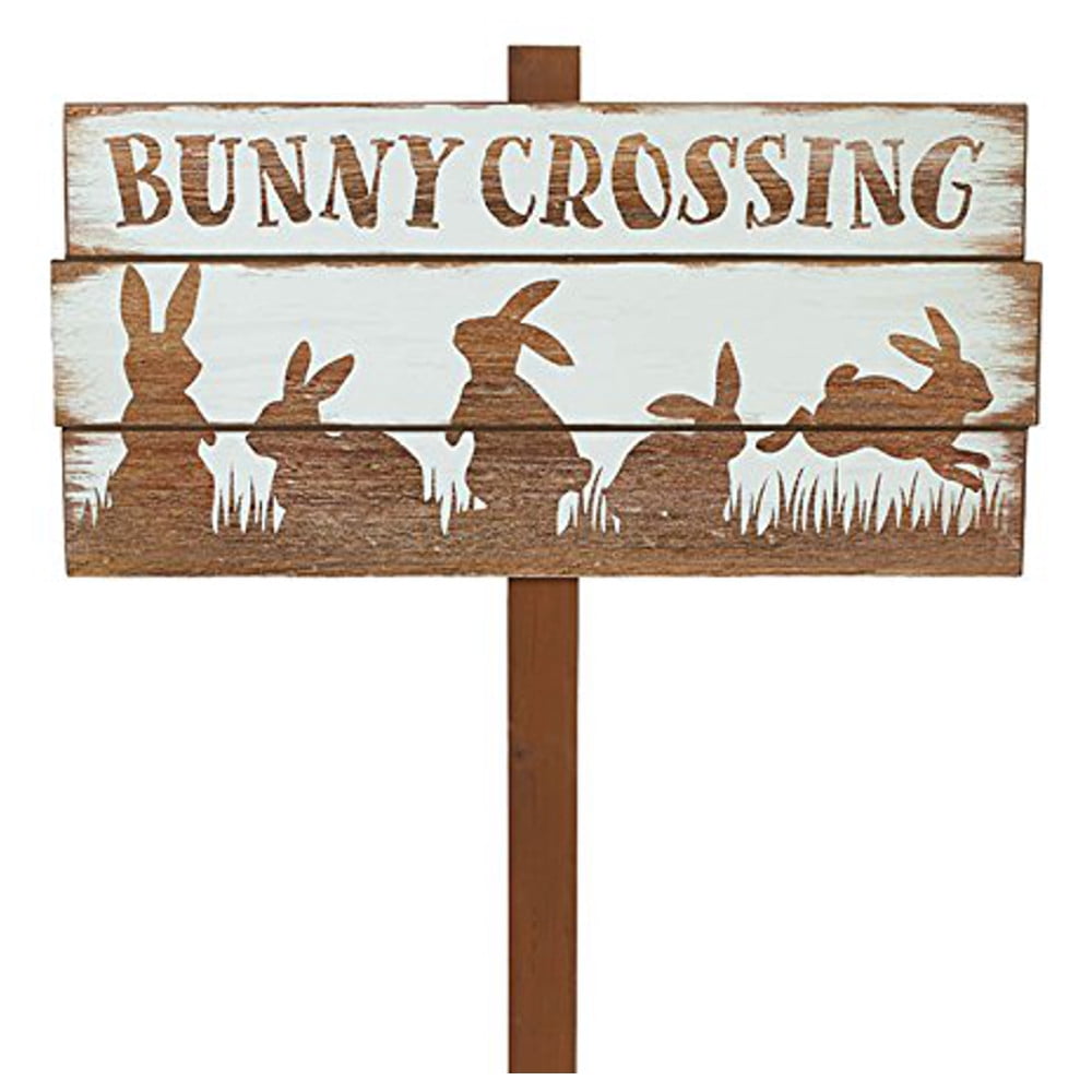 Burton Easter Decor Bunny Crossing Wood Plank Yard Stake / Sign