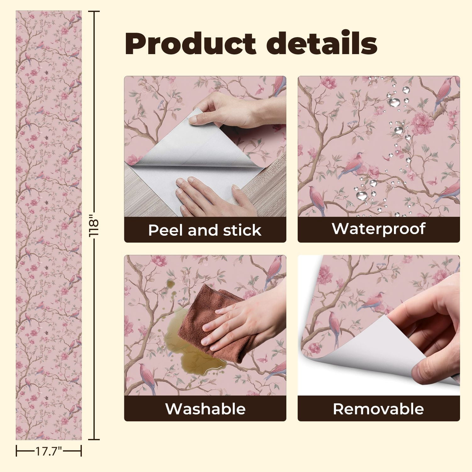 Peel and Stick Wallpaper Delicate Pink Floral Bird Branches Soft Pastel Colors Wall Mural 17.7in x 9.8ft Self Adhesive Removable Wall Paper Renter Friendly Wallpaper for Nursery Bedroom Cabinets