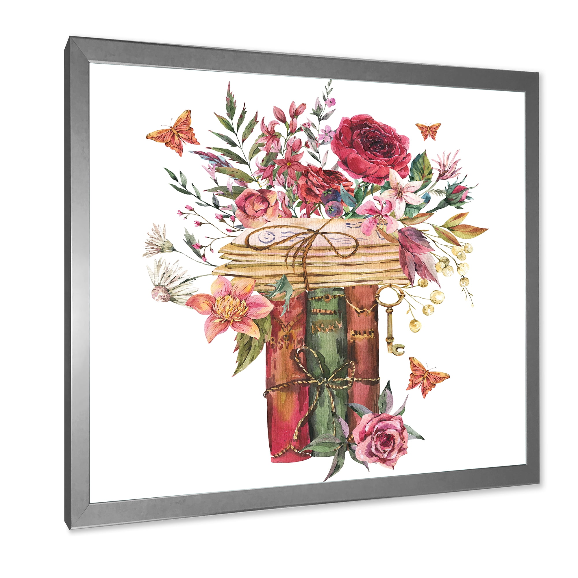 Designart 'Wildflowers With Vintage Old Books' Farmhouse Framed Art Print