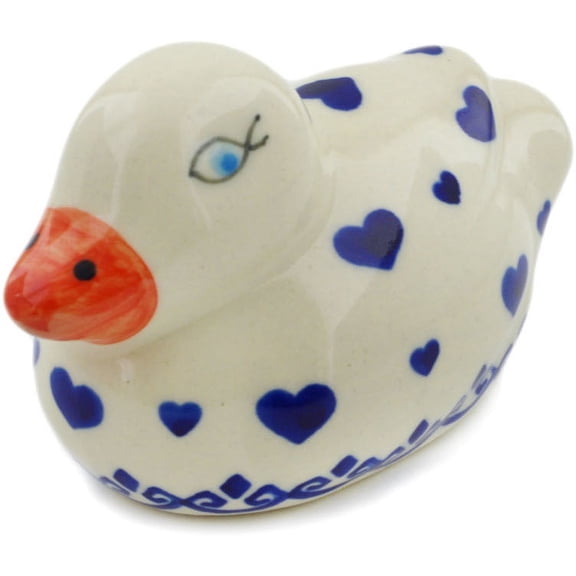 Polish Pottery 3¾-inch Duck Figurine (Blue Valentine Theme) Hand Painted in Boleslawiec, Poland   Certificate of Authenticity