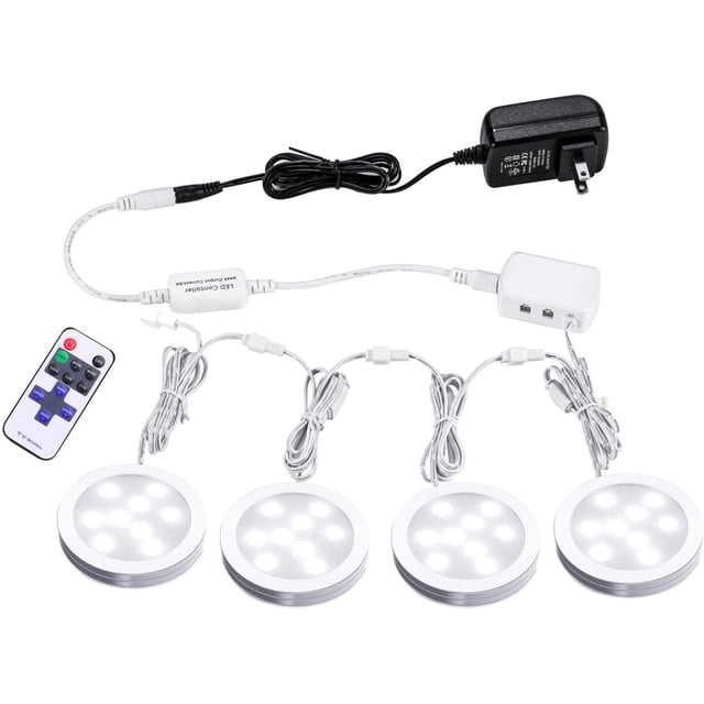 AIBOO Linkable LED Under Cabinet Lights 12V Slim Aluminum Dimmable Puck Lights with Remote Control & UL Listed Adapter for Cupboard Lighting (4 Lights)