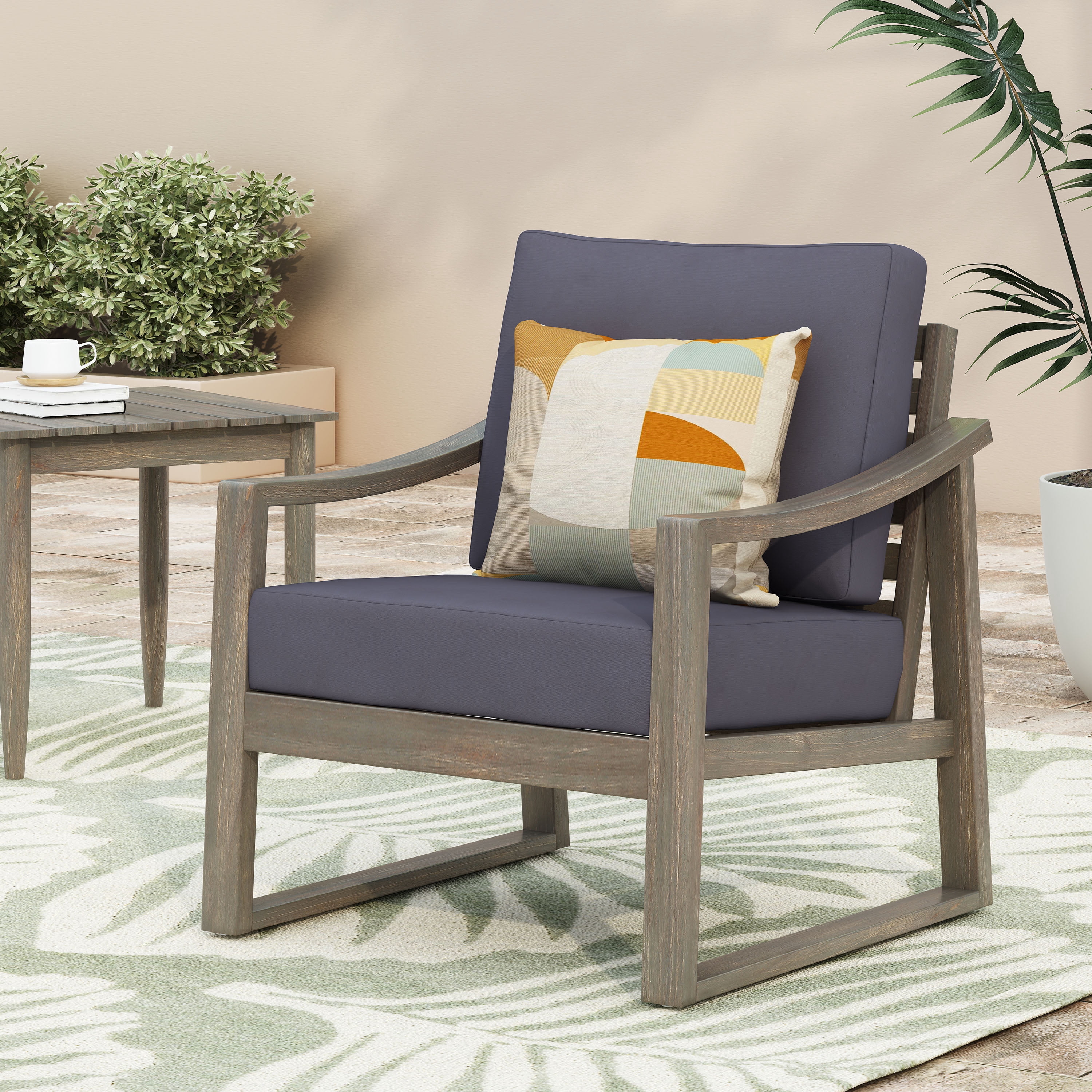 Outdoor Single Leisure Seat Chair, Acacia Wood Frame Relaxing Seat for Patio Garden, Gray and Dark Gray