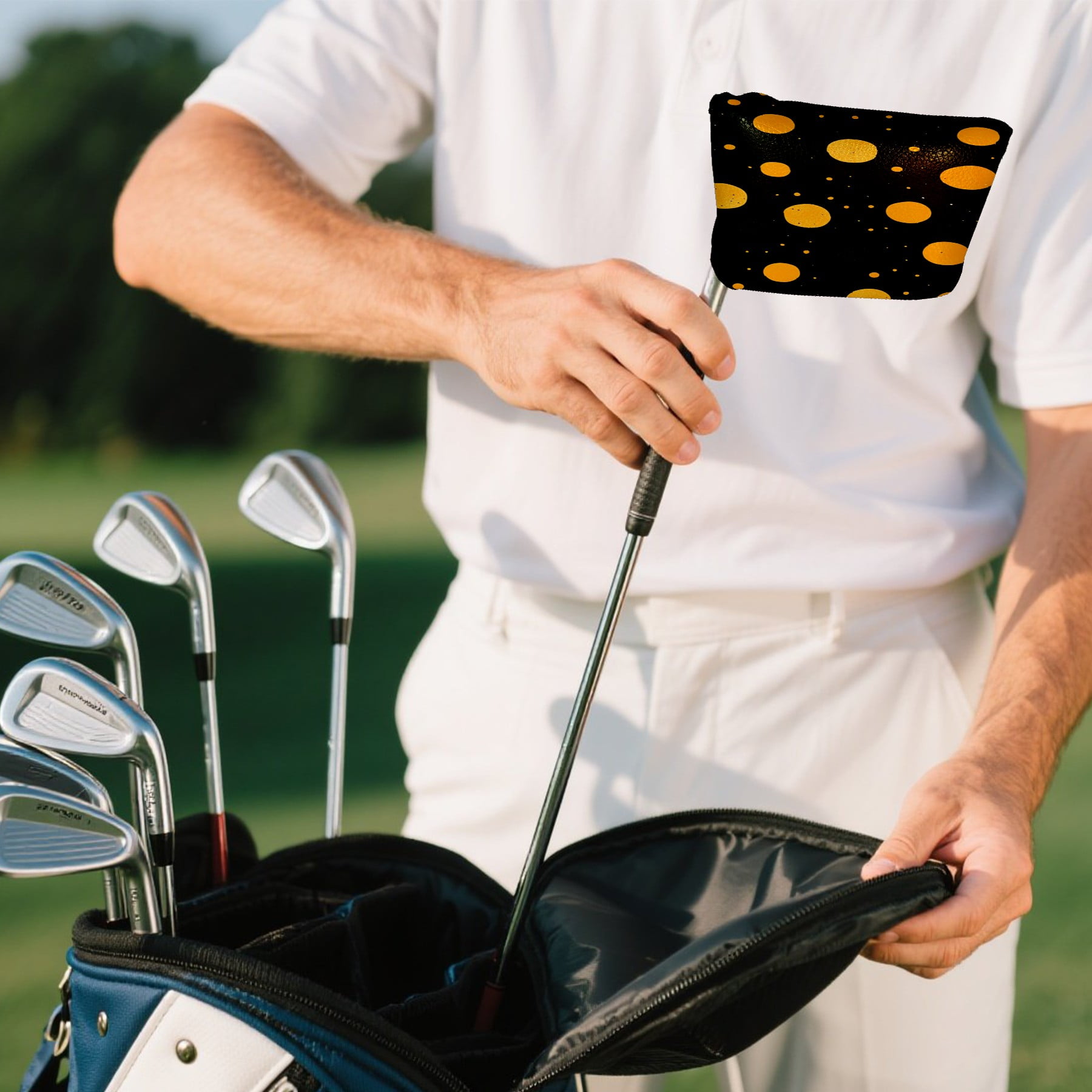 Golf Mallet Putter Cover Premium Leather Waterproof Golf Putter Head Cover with Magnetic Closure Yellow Polka Dots