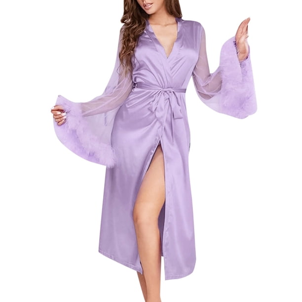 Gibobby Bata calientita mujer Conjunto de pijama clásico de seda satinada con botones para mujer(Morado,CH)