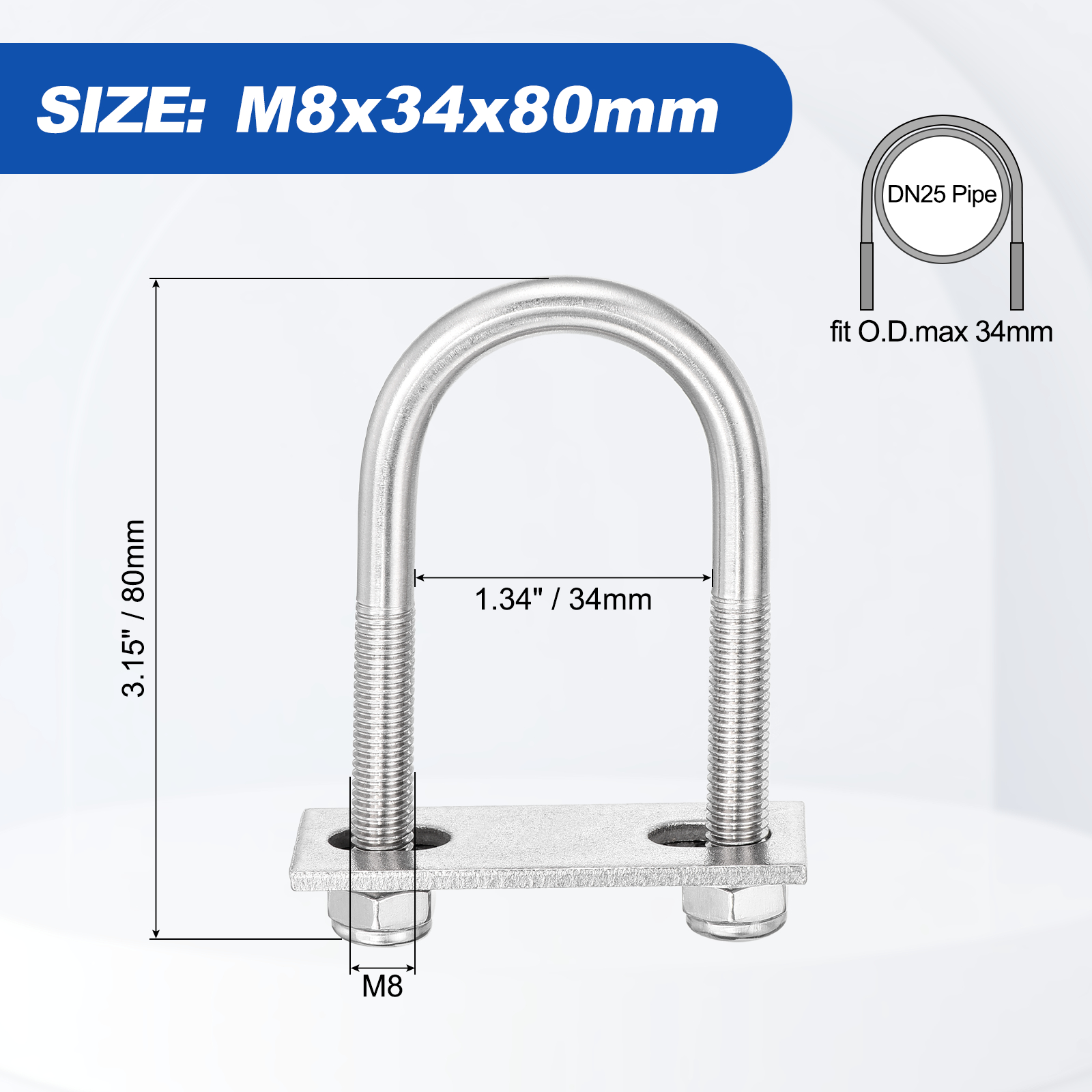 U Bolts 4Set (M8x34x80mm), Round U Bolt Kits DN25 304 Stainless Steel with Nylon Lock Nut Washers Plates - for Construction, Pipe, Trailer, Automotive, Leaf Spring Fastener