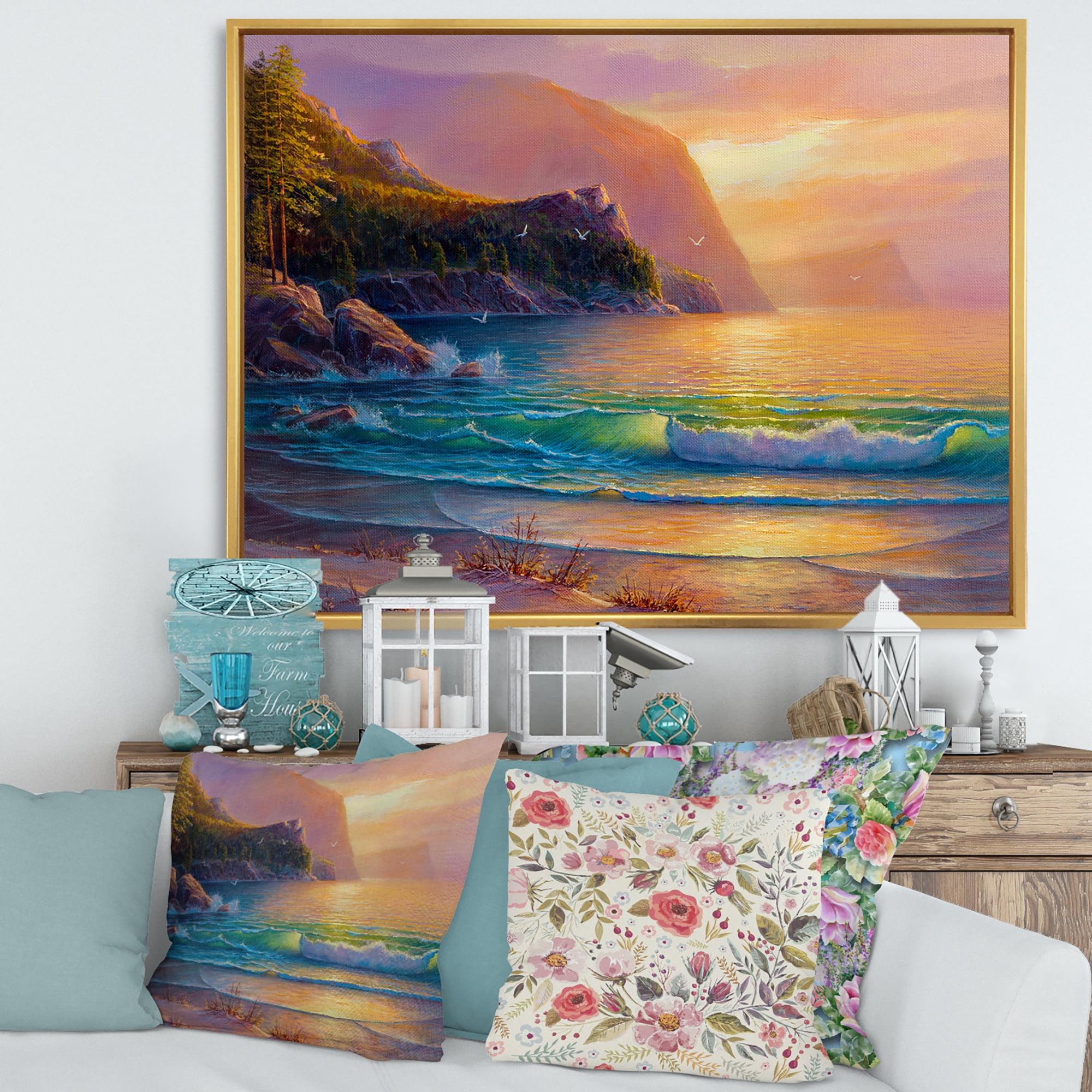 Designart 'Romantic Beach During Warm Evening' Nautical & Coastal Framed Canvas Wall Art Print
