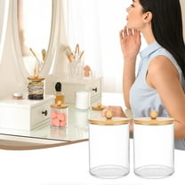 2pc Qtip Holder Dispenser with Bamboo Lids,Acrylic Qtip Holder Dispenser,Clear Plastic Apothecary Jar Containers for Vanity Makeup Organizer Storage,Bathroom Accessories Set for Ball,Pads,Floss