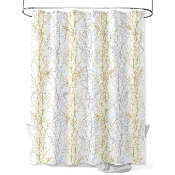 Gold Grey Shower Curtain, Tree Branch Waterproof Shower Curtain Set with 12 Hooks Lightweight Washable Fabric Shower Curtains for Bathroom 60x72 Inches
