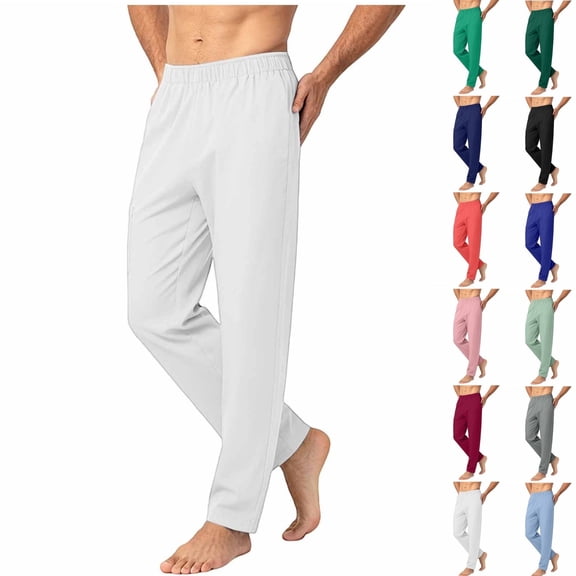 Qingpeng Mens Elastic Waisted Straight Leg Pants Solid Color Side Pockets Loose Fit Home Casual Lightweight Trousers for Men
