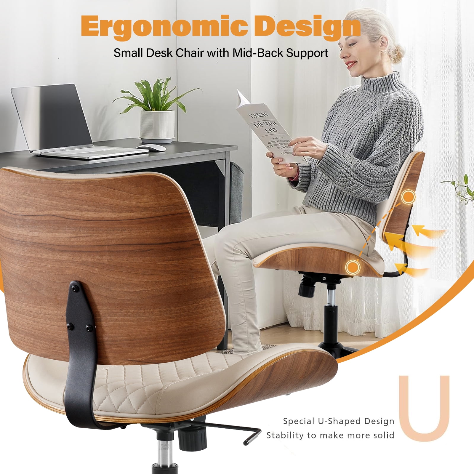 Home Office Chair with Wheels, Adjustable Height and 360° Swivel Armless Desk Chair, Modern PU Leather Mid-Back Computer Chair for Office Living Room Bedroom, Beige