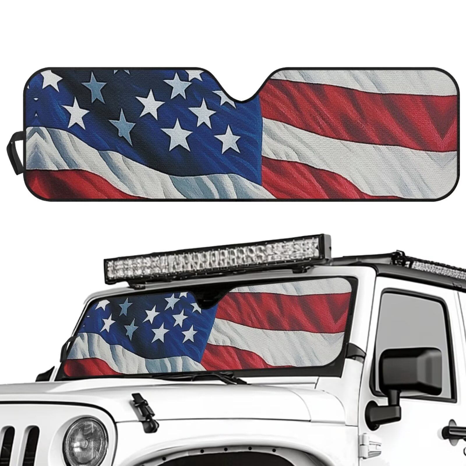 Uorisanigo Windshield Sun Shade, 3D USA Flag Car Sunshade Compatible with Jeep Wrangler Rubicon Sahara TJ JK JKU 2 Door & 4 Door, UV Rays Blocker Sun Visor Shade Keep Vehicle Cool