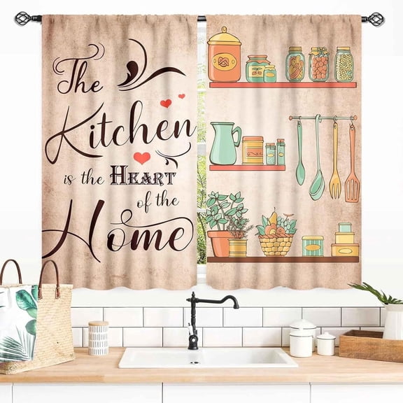 2 Panels Kitchen Curtains, "The Kitchen is the Heart of the Home" Print Window Curtains, Rod Pocket Light Filtering Drapes for Kitchen Dining Room Farmhouse Decor