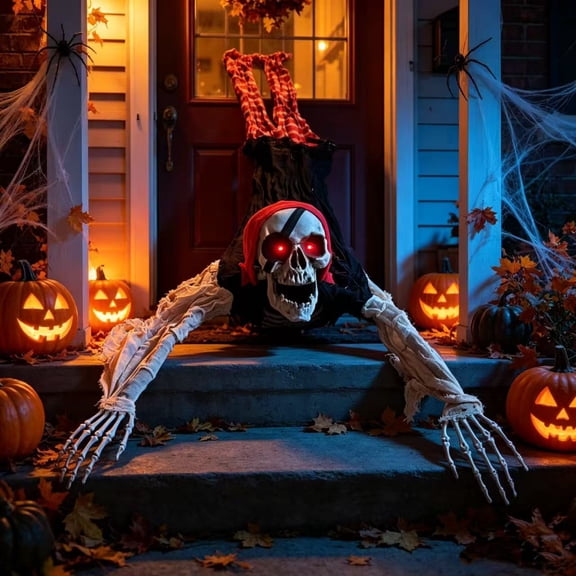 QLUEWX Halloween Skeleton Decoration with Lights and Sounds, Motion Activated Crawling Pirate Skeleton Prop, Indoor Outdoor Hanging Decor for House Yard Haunted House Halloween Party